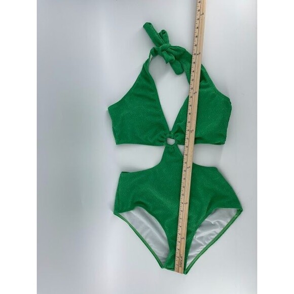 Shein One Piece Bathing Suit Side Cutouts Green Textured 1XL Halter - Picture 5 of 7